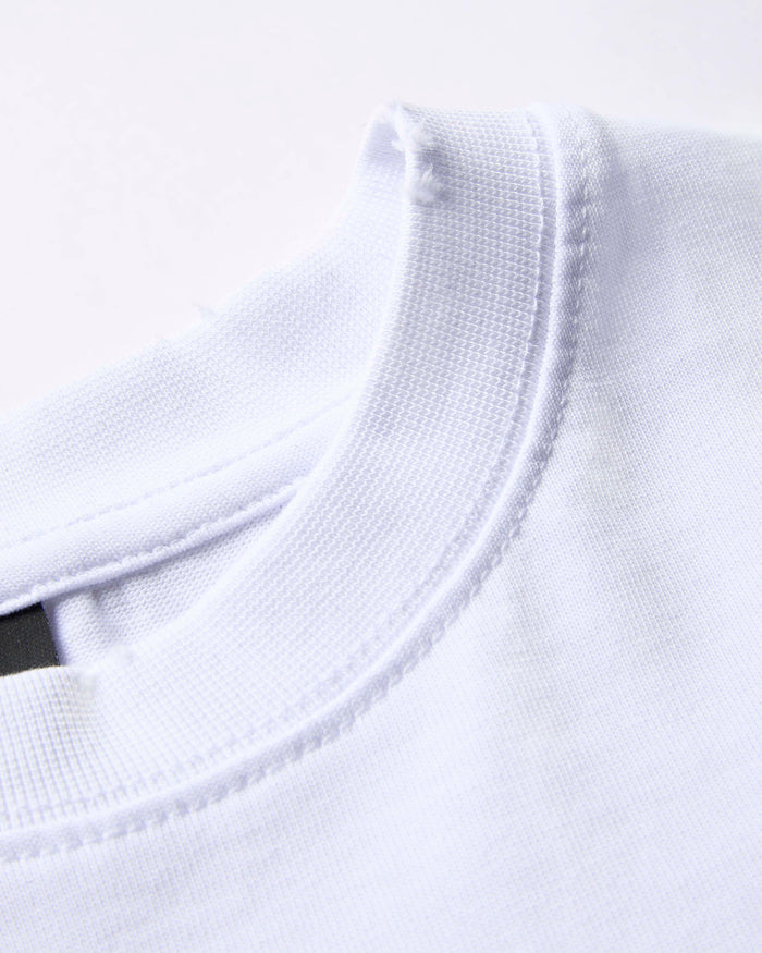 Close-up detail of a white crewneck t-shirt showing the ribbed collar texture and stitching.