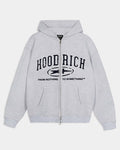 Relaxed grey marl zip-up hoodie featuring dark blue varsity-style Hoodrich branding and the slogan 'From Nothing To Something'