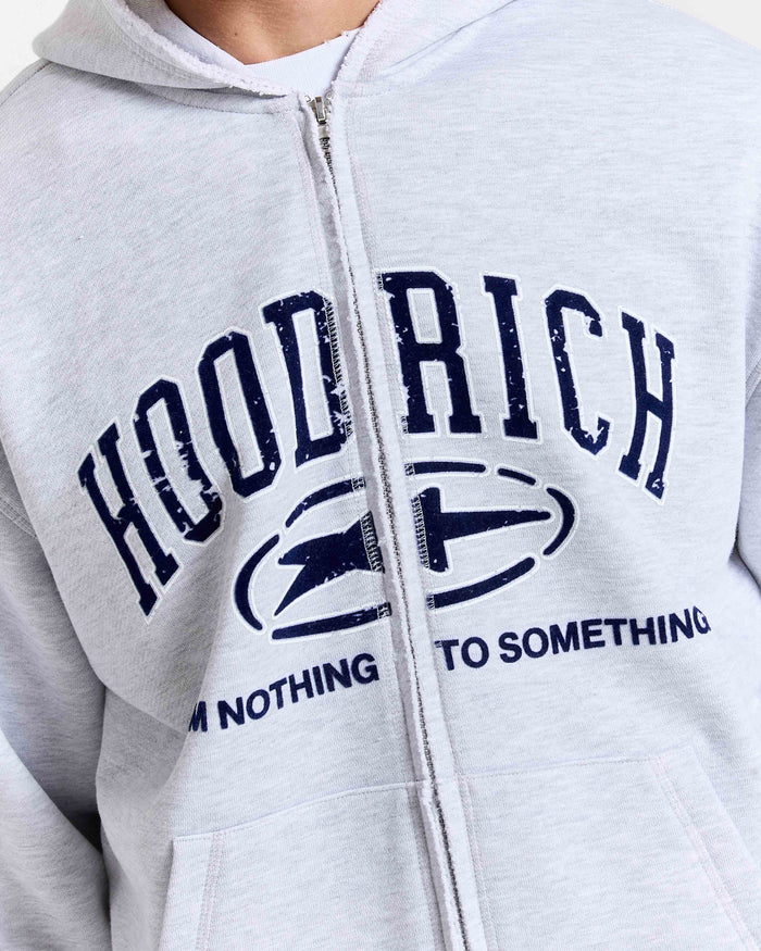 Gray hoodie with 'Hood Rich' text and logo on a white background