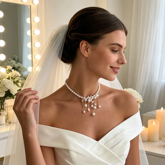 Luxury bridal pearl necklace with irregular freshwater pearls, baroque pearl drops and modern wedding styling.