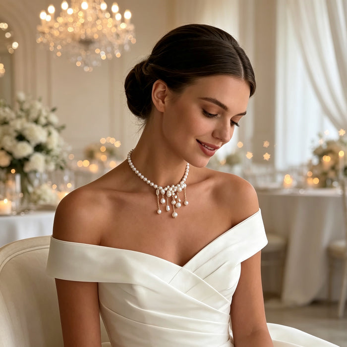 Luxury bridal pearl necklace with irregular freshwater pearls, baroque pearl drops and modern wedding styling.