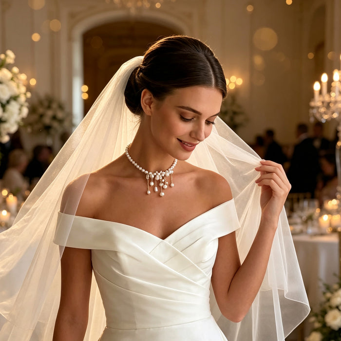 Luxury bridal pearl necklace with irregular freshwater pearls, baroque pearl drops and modern wedding styling.