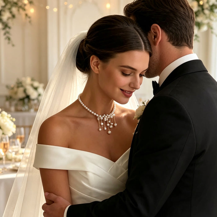 Luxury bridal pearl necklace with irregular freshwater pearls, baroque pearl drops and modern wedding styling.