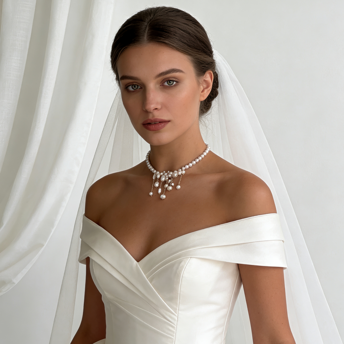 Luxury bridal pearl necklace with irregular freshwater pearls, baroque pearl drops and modern wedding styling.