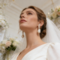 Freshwater pearl bridal earrings with 14k gold plated double circle drop design for wedding ceremony and elegant occasions