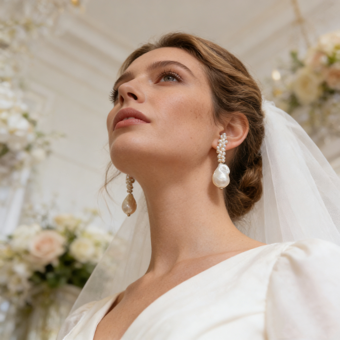 Freshwater pearl bridal earrings with 14k gold plated double circle drop design for wedding ceremony and elegant occasions