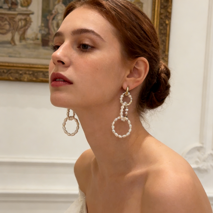 Freshwater pearl bridal earrings with 14k gold plated double circle drop design for wedding ceremony and elegant occasions