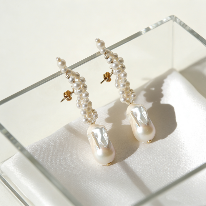 Freshwater pearl bridal earrings with 14k gold plated double circle drop design for wedding ceremony and elegant occasions