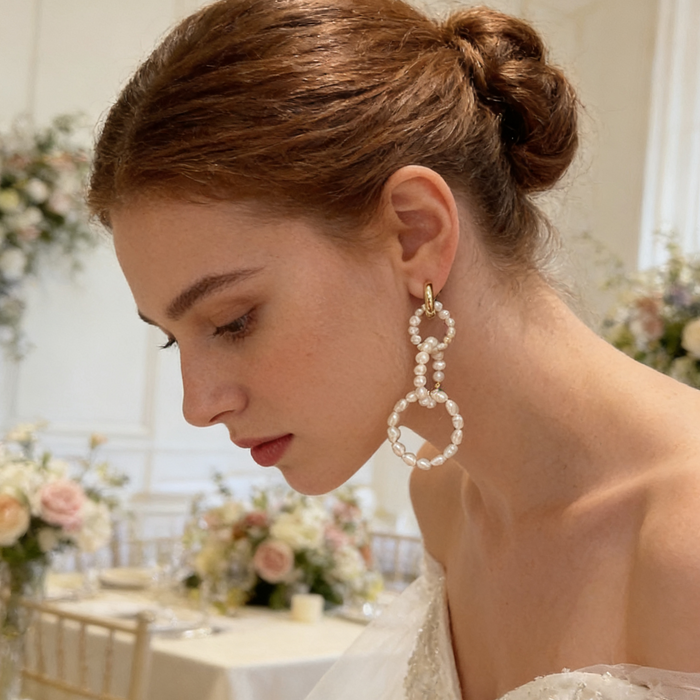 Freshwater pearl bridal earrings with 14k gold plated double circle drop design for wedding ceremony and elegant occasions