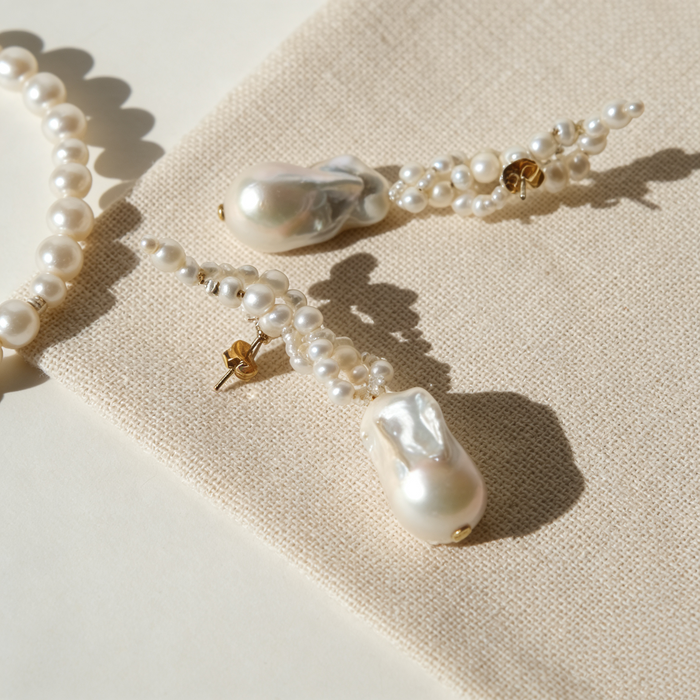 Freshwater pearl bridal earrings with 14k gold plated double circle drop design for wedding ceremony and elegant occasions
