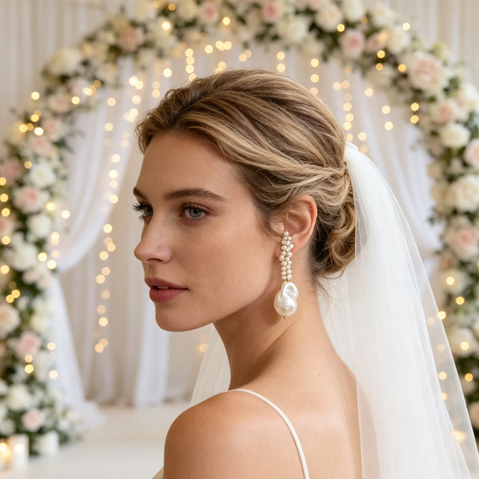 Freshwater pearl bridal earrings with 14k gold plated double circle drop design for wedding ceremony and elegant occasions