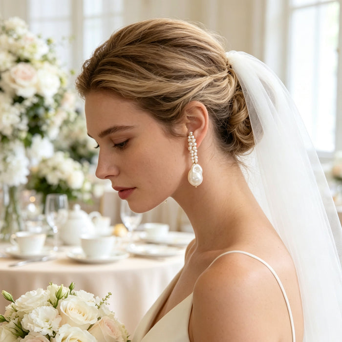 Handcrafted natural pearl wedding earrings worn by bride with timeless luxury bridal jewelry style
