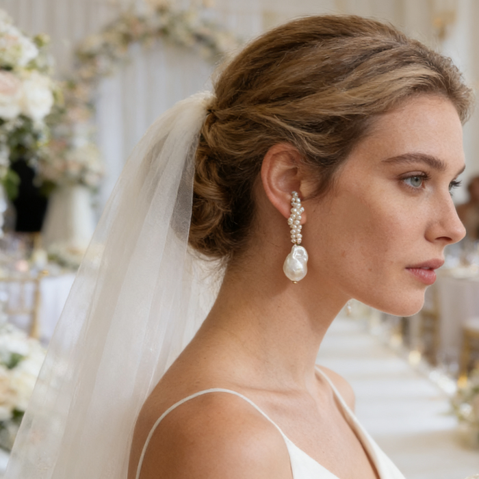 Handcrafted natural pearl wedding earrings worn by bride with timeless luxury bridal jewelry style