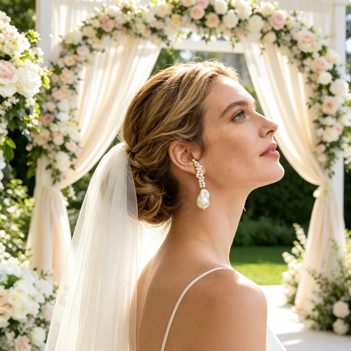 Handcrafted natural pearl wedding earrings worn by bride with timeless luxury bridal jewelry style