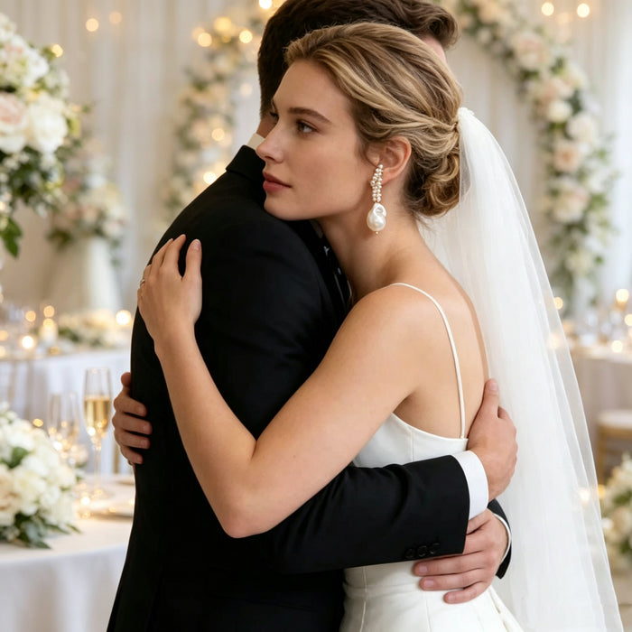 Handcrafted natural pearl wedding earrings worn by bride with timeless luxury bridal jewelry style