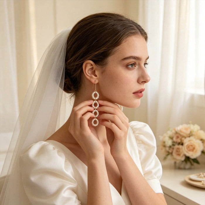 Handmade freshwater pearl circle drop earrings with 14K gold-filled hooks for elegant bridal and formal occasions.