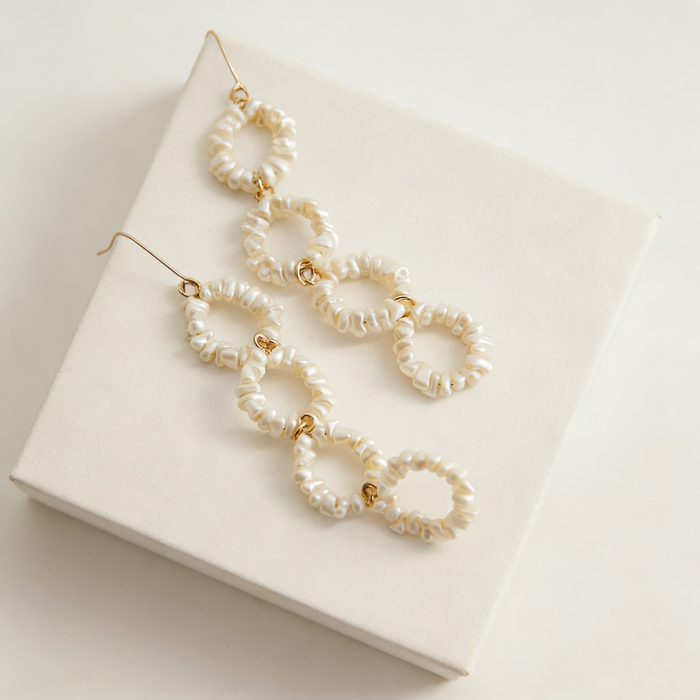 Handmade freshwater pearl circle drop earrings with 14K gold-filled hooks for elegant bridal and formal occasions.