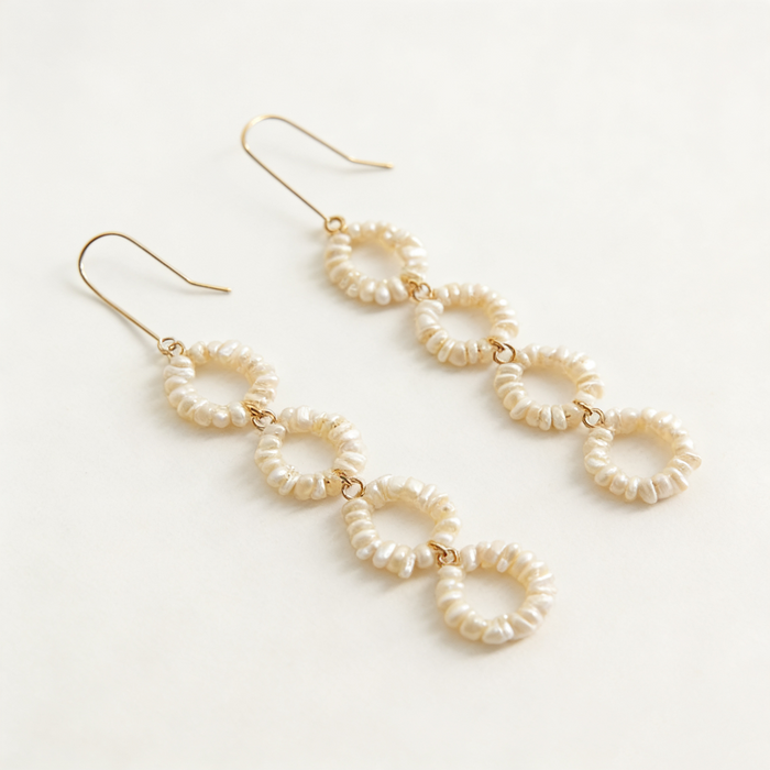 Handmade freshwater pearl circle drop earrings with 14K gold-filled hooks for elegant bridal and formal occasions.