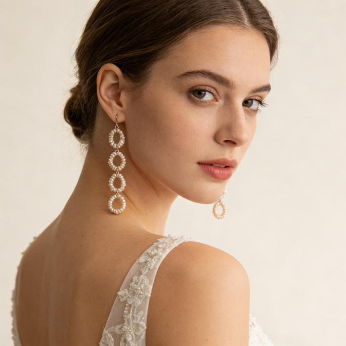 Handmade freshwater pearl circle drop earrings with 14K gold-filled hooks for elegant bridal and formal occasions.
