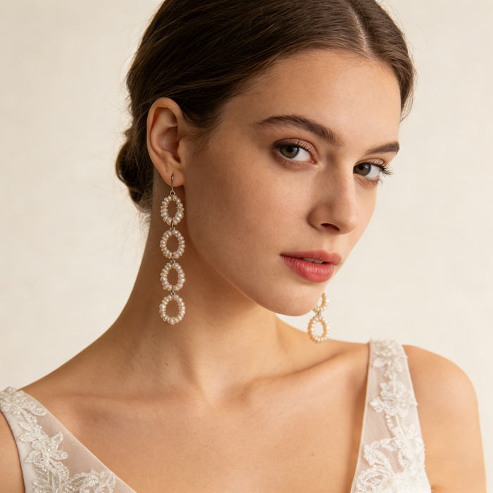 Handmade freshwater pearl circle drop earrings with 14K gold-filled hooks for elegant bridal and formal occasions.
