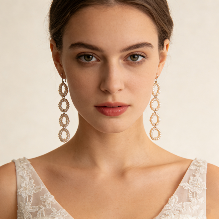 Handmade freshwater pearl circle drop earrings with 14K gold-filled hooks for elegant bridal and formal occasions.