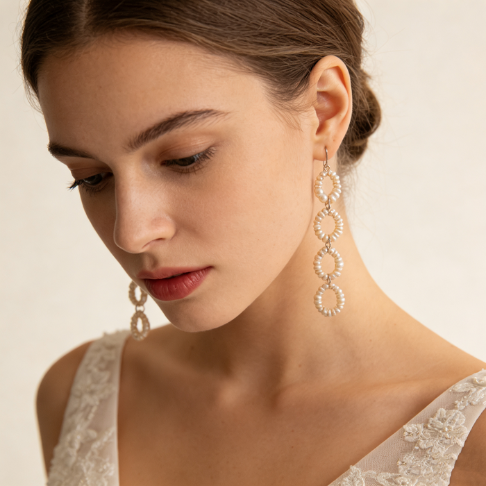 Handmade freshwater pearl circle drop earrings with 14K gold-filled hooks for elegant bridal and formal occasions.