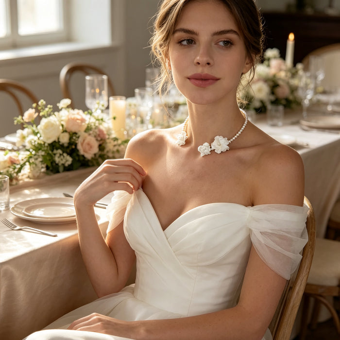 Romantic floral pearl bridal necklace handcrafted with freshwater pearls and resin flowers for modern brides.