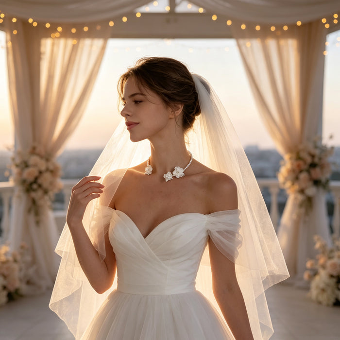 Romantic floral pearl bridal necklace handcrafted with freshwater pearls and resin flowers for modern brides.