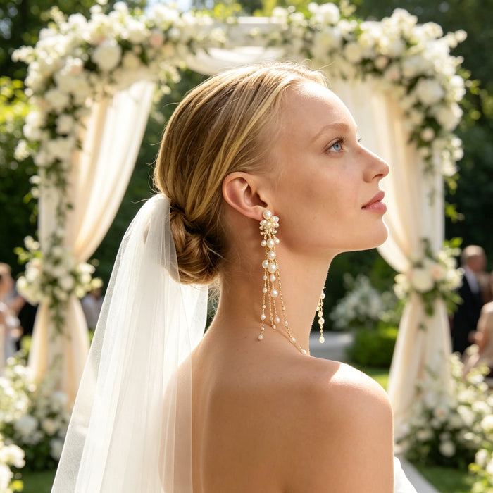 Handcrafted freshwater pearl cluster tassel bridal earrings with 14K gold plated copper, elegant long drop wedding earrings for brides.
