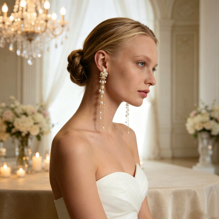 Handcrafted freshwater pearl cluster tassel bridal earrings with 14K gold plated copper, elegant long drop wedding earrings for brides.