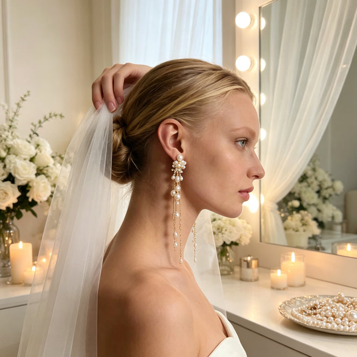 Handcrafted freshwater pearl cluster tassel bridal earrings with 14K gold plated copper, elegant long drop wedding earrings for brides.