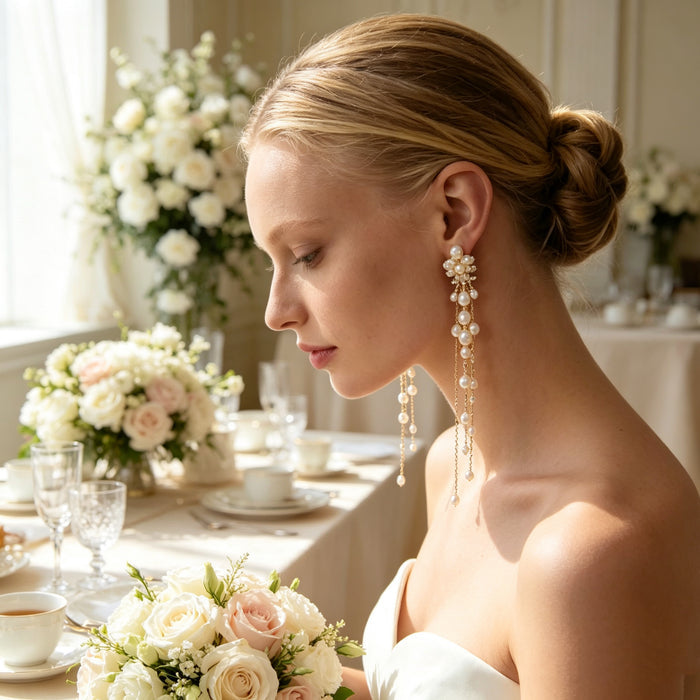 Handcrafted freshwater pearl cluster tassel bridal earrings with 14K gold plated copper, elegant long drop wedding earrings for brides.