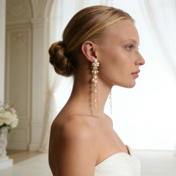Handcrafted freshwater pearl cluster tassel bridal earrings with 14K gold plated copper, elegant long drop wedding earrings for brides.