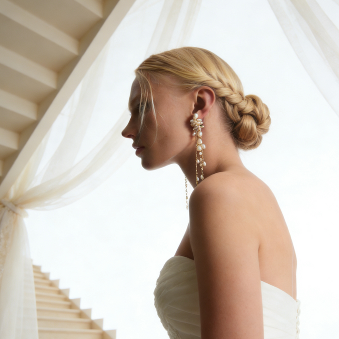 Luxury freshwater pearl tassel earrings featuring floral pearl clusters and delicate chain drops for bridal and formal occasions.