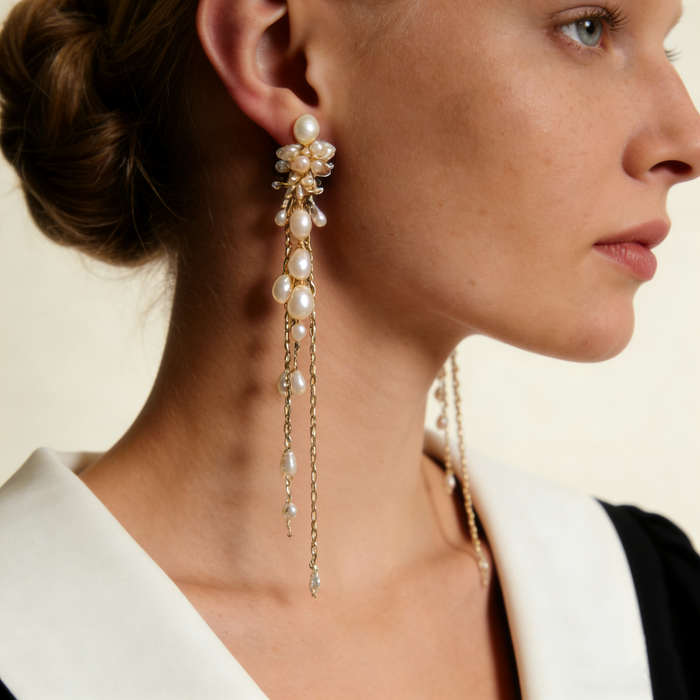 Luxury freshwater pearl tassel earrings featuring floral pearl clusters and delicate chain drops for bridal and formal occasions.