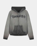 A gray zip-up hoodie with a black gradient hood and cuffs, featuring a large 'Hooshtech' logo printed across the chest, displayed on a light gray background.