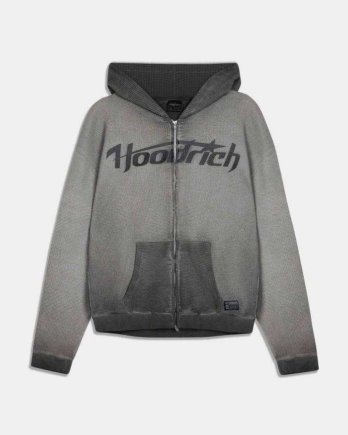 A gray zip-up hoodie with a black gradient hood and cuffs, featuring a large 'Hooshtech' logo printed across the chest, displayed on a light gray background.