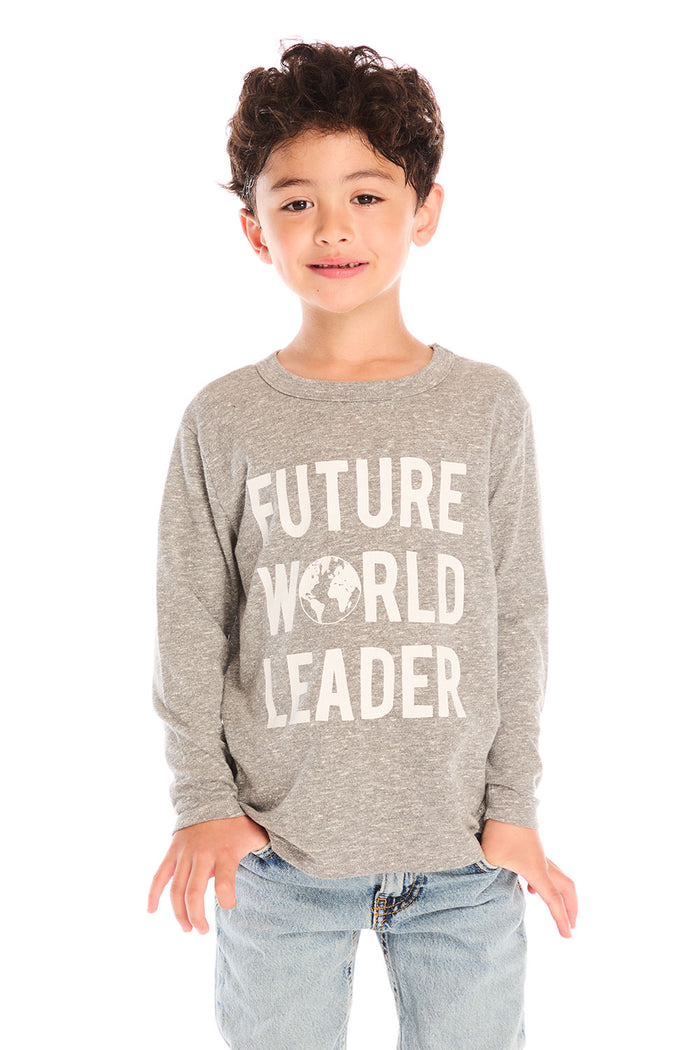 Boy wearing Chaser’s Future World Leader gray long sleeve top with “Future World Leader” text on a white background