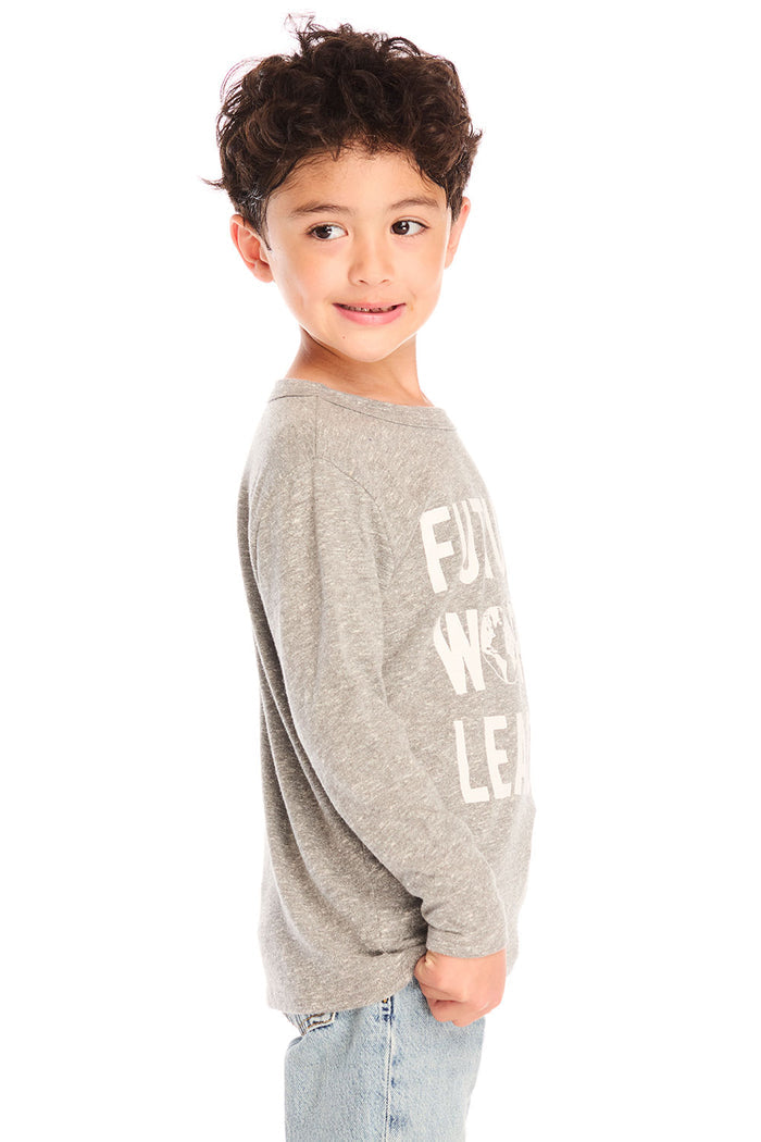 Side view of boy wearing Chaser’s Future World Leader gray long sleeve top with text graphic on a white background