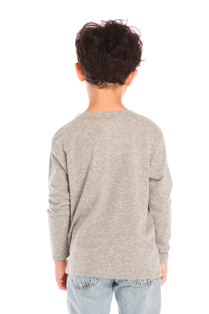 Back view of boy wearing Chaser’s Future World Leader gray long sleeve top in gray on a white background
