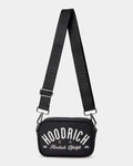 Black crossbody bag with 'Hoodrich' branding on a light gray background
