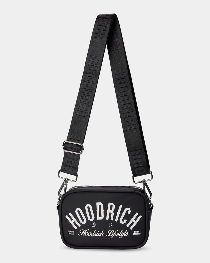 Black crossbody bag with 'Hoodrich' branding on a light gray background