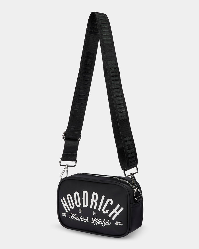 Black crossbody bag with 'Hoodrich' branding on a light gray background