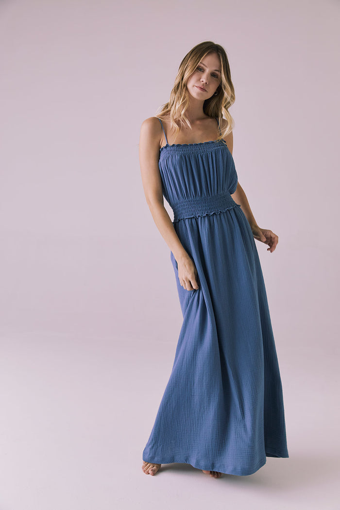 Full-body studio image of the Chaser Getaway Future Grey Maxi Dress showing the smocked bodice and flowy skirt with adjustable straps
