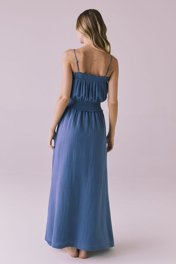 Studio image of the Chaser Getaway Future Grey Maxi Dress from the back highlighting the smocked panel and soft drape