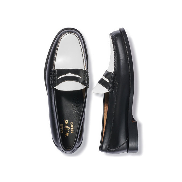 Black and white leather penny loafer, top-down and side profile view.