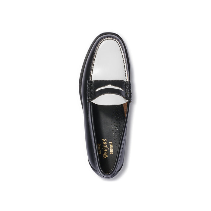 Black and white leather penny loafer, top-down view.