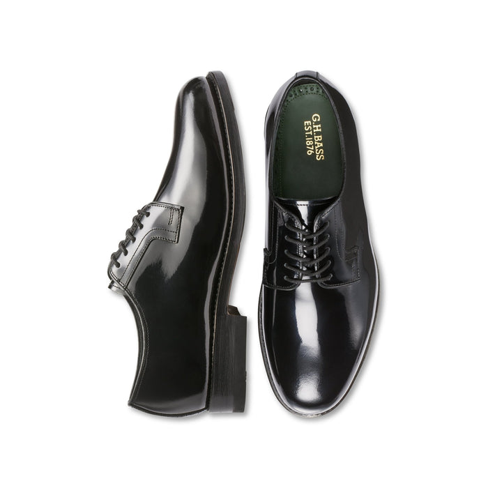 Black patent leather lace-up derby shoe, top-down and side profile view.