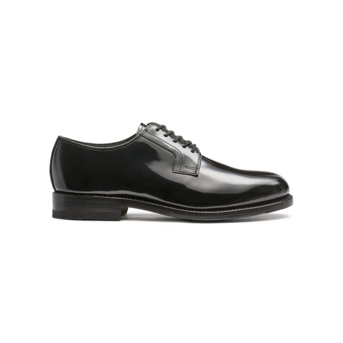 Black patent leather lace-up derby shoe, side profile view.