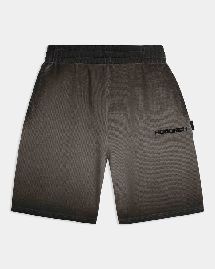 Oversized black oil wash shorts with elasticated waistband and Hoodrich logo embroidery.